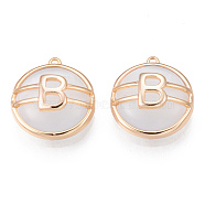 Cat Eye Pendants, with Brass Findings, Flat Round with Letter B, Nickel Free, Real 18K Gold Plated, 15x14x5mm, Hole: 0.8mm(KK-R116-043-NF)