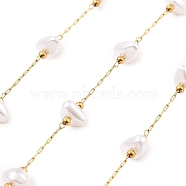 Ion Plating(IP) 304 Stainless Steel Paperclip Chains, Soldered, with ABS Imitation Pearl Beads, Real 18K Gold Plated, Real 18K Gold Plated, 8.5x6x4.5mm, about 16.40 Feet(5m)/Roll(CHS-P018-04E-G)