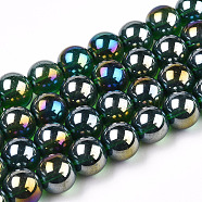 Electroplate Transparent Glass Beads Strands, AB Color Plated, Round, Dark Green, 9.5~10mm, Hole: 1.5mm, about 40~42pcs/strand, 14.76~15.12 inch(37.5~38.4cm)(GLAA-T032-T10mm-AB22)