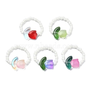 Tulip Flower Glass & Seed Beaded Stretch Rings, Mixed Color, Inner Diameter: 20mm(RJEW-TA00080)