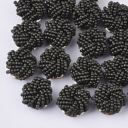 Glass Seed Beads Cabochons, Cluster Beads, with Golden Plated Iron Perforated Disc Settings, Flower, Black, 19~20x10~12mm(FIND-S321-05P)