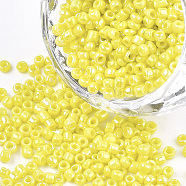 Opaque Glass Seed Beads, Rainbow Plated, Round, Yellow, 3mm, Hole: 1mm, about 10000pcs/bag(SEED-S023-01B-02)
