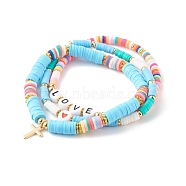 Polymer Clay Heishi Beads Stretch Bracelets Sets for Valentine's Day, with Acrylic Enamel Beads, Word Love, Real 18K Gold Plated, Light Sky Blue, Inner Diameter: 2-1/8 inch(5.4cm), 3pcs/set(BJEW-JB06298-01)