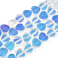 Transparent Electroplate Glass Beads Strands, Half Plated, Heart, Deep Sky Blue, 9.5x10.5x3mm, Hole: 0.8mm, about 60pcs/strand, 21.65 inch(55cm)(EGLA-N006-080-A02)