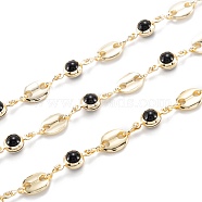 Handmade Brass Beaded Chain, Coffee Chain, with CCB Plastic Beads, Long-Lasting Plated, with Spool, Unwelded, Light Gold, Black, oval: 8.5x7x1.5mm, bead: 12x6x5mm, 32.8 Feet(10m)/roll(CHC-M021-30LG-A)