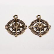 Compass Tibetan Style Alloy Pendants, Lead Free & Nickel Free & Cadmium Free, Antique Bronze, 29x25x2mm, Hole: 3mm(X-PALLOY-K110-25AB-NR)