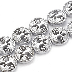 Electroplate Non-magnetic Synthetic Hematite Beads Strands, Flat Round with Tree of Life, Platinum Plated, 12~12.5x4~4.5mm, Hole: 1mm, about 30pcs/strand, 14.56 inch(G-N0322-03M)