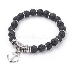 Natural Lava Rock Charm Bracelets, with Alloy Anchor Pendants and CCB Plastic Beads, Platinum, 2-1/8 inch(53mm)(X-BJEW-JB03403-01)