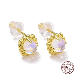925 Sterling Silver Stud Earrings, Moonstone Half Round Dainty Earrings for Women, Golden, 6x6x3.5mm, Pin: 0.8mm(EJEW-M202-02G)