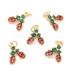 10Pcs Eco-Friendly Brass Enamel Pendants, with Glass, Long-Lasting Plated, Lead Free & Cadmium Free & Nickel Free, Real 18K Gold Plated, Holly Leaves, Mixed Color, 12x10x3mm, Jump Ring: 5x0.5mm, 3mm Inner Diameter(KK-SZ0005-74)
