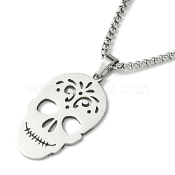 Stainless Steel Pendant Necklaces, Box Chains, Skull, Stainless Steel Color, 23.66 inch(60.1cm)(NJEW-L117-01P)