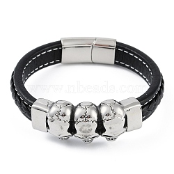 Braided Microfiber Leather Cord Bracelets, with 304 Stainless Steel Magnetic Clasps, Skull Head, Antique Silver, 8-1/4 inch(21cm)(BJEW-P328-12AS)