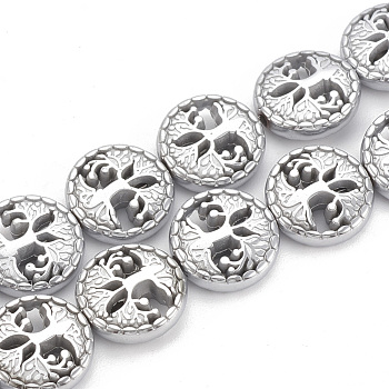 Electroplate Non-magnetic Synthetic Hematite Beads Strands, Flat Round with Tree of Life, Platinum Plated, 12~12.5x4~4.5mm, Hole: 1mm, about 30pcs/strand, 14.56 inch