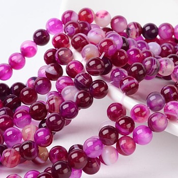 Natural Striped Agate/Banded Agate Beads, Dyed, Round, Grade A, Fuchsia, Size: about 8mm in diameter, hole: 1mm, 43pcs/strand, 15.5 inch