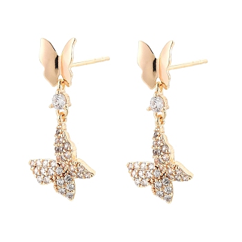 Clear Cubic Zirconia Double Butterfly Dangle Stud Earrings, Ion Plating(IP) Brass Jewelry for Women, Nickel Free, Real 18K Gold Plated, 24mm, Pin: 0.6mm