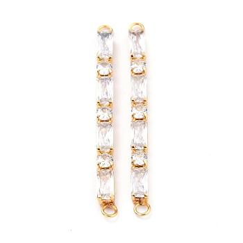 Brass Clear Cubic Zirconia Links Connectors, Long-Lasting Plated, Rectangle & Round, Real 18K Gold Plated, 58x4x4mm, Hole: 2.5mm