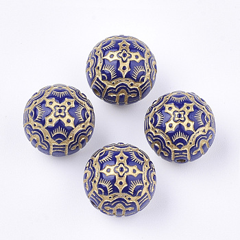 Plating Acrylic Beads, Metal Enlaced, Round, Golden Plated, Dark Blue, 14mm, Hole: 1mm,  about 307pcs/500g.