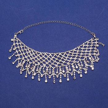 Crystal Rhinestone Bib Necklace, Luxury Braided Necklace for Wedding Party, Platinum, 18.11 inch(46cm)