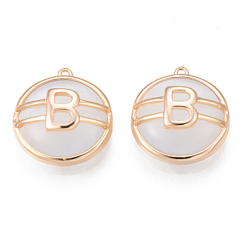 Cat Eye Pendants, with Brass Findings, Flat Round with Letter B, Nickel Free, Real 18K Gold Plated, 15x14x5mm, Hole: 0.8mm