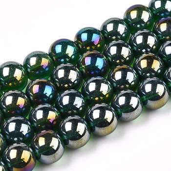 Electroplate Transparent Glass Beads Strands, AB Color Plated, Round, Dark Green, 9.5~10mm, Hole: 1.5mm, about 40~42pcs/strand, 14.76~15.12 inch(37.5~38.4cm)