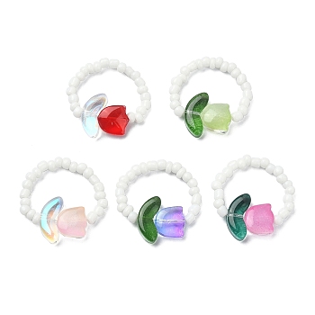 Tulip Flower Glass & Seed Beaded Stretch Rings, Mixed Color, Inner Diameter: 20mm