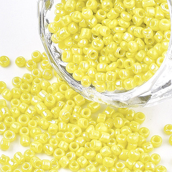 Opaque Glass Seed Beads, Rainbow Plated, Round, Yellow, 3mm, Hole: 1mm, about 10000pcs/bag