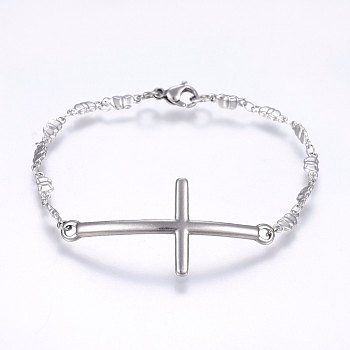 304 Stainless Steel Link Bracelets, with Lobster Claw Clasps, Cross & Bowknot, Stainless Steel Color, 7-7/8 inch(20cm), 3.5mm