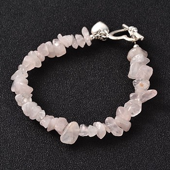 Trendy Natural Rose Quartz Beaded Bracelets, with Iron Beads, Alloy Heart Charms and Toggle Clasps, 200x6mm