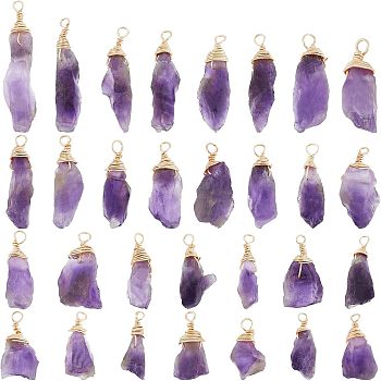 30Pcs Raw Rough Natural Amethyst Pendants, with Real 18K Gold Plated Eco-Friendly Copper Wire Wrapped, Nuggets, 26~31x8.5~9x5.5~7mm, Hole: 3mm