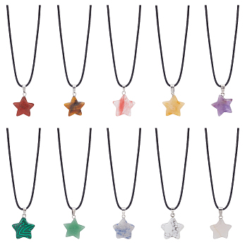 10Pcs 10 Style Natural Mixed Gemstone Star Pendant Necklaces Set with Wax Cords, 18.70 inch(47.5cm), 1Pc/style
