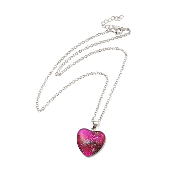 Glass Heart with Cloud Pendant Necklace, Platinum Alloy Jewelry for Women, Deep Pink, 20.24 inch(51.4cm)