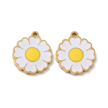 Ion Plating(IP) 316L Surgical Stainless Steel Pendants, with Enamel, Real 18K Gold Plated, Flower Charm, White, 14x12x1.5mm, Hole: 1.2mm