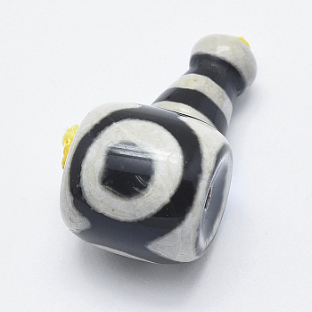Natural dZi Agate, 3 Hole Guru Beads, T-Drilled Beads, For Buddhist Jewelry Making, Black, 29x16x15.5mm, Hole: 2mm