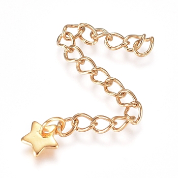 304 Stainless Steel Chain Extender, Curb Chain, with Charms, Star, Golden, 57mm, Link: 4x3x0.5mm