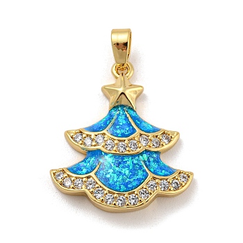 Christmas Brass Micro Pave Cubic Zirconia Pendant, with Synthetic Opal, Christmas Tree, Deep Sky Blue, 22x19.5x3.5mm, Hole: 5x3mm
