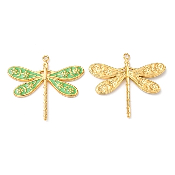 304 Stainless Steel Enamel Pendants, Real 18K Gold Plated, Dragonfly Charm, Lime Green, 24x27x2mm, Hole: 1.4mm