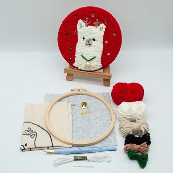 Punch Embroidery Starter Kit, Including Plastic Embroidery Hoop, Alloy Needle, Punch Needle Pen, Fabric, Felt, Threader, Water Removal Pen and 7 Colors Threads, Llama, Mixed Color, 8~290x1.5~275x1~14.5mm