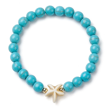 Round Synthetic Turquoise Beaded Stretch Bracelets, Summer Beach Starfish Synthetic Turquoise Bracelets for Women Men, Inner Diameter: 2-1/8 inch(5.5cm), Beads: 7.5~8.5mm