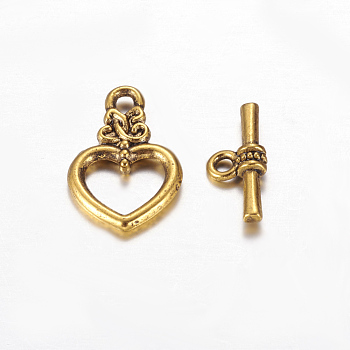 Alloy Toggle Clasps, Lead Free and Cadmium Free, Antique Golden Color, Heart: 20mm long, 13mm wide, 3.5mm thick, hole: 2mm, Bar: 16.5mm long, 7.5mm wide, 4mm thick, hole: 2mm