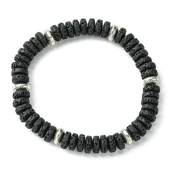 Dyed Natural Lava Rock Flat Round Beaded Stretch Bracelets for Women, Black, Inner Diameter: 2-1/4 inch(5.7cm)