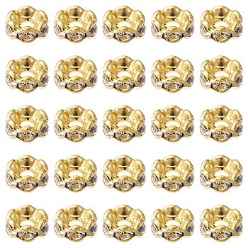 Brass Rhinestone Spacer Beads, Grade A, Wavy Edge, Rondelle, Golden, Crystal, 6x3mm, Hole: 1mm