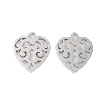 316 Stainless Steel Charms, Heart Charm, Laser Cut, Stainless Steel Color, 14.5x12.5x1mm, Hole: 1.5mm