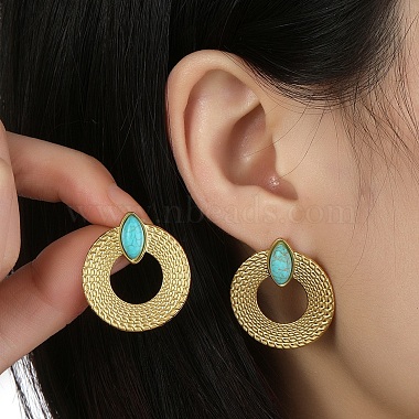 201 Boucles d'oreilles en forme de donut en acier inoxydable avec oeil de cheval turquoise synthétique(EJEW-D084-12G)-3