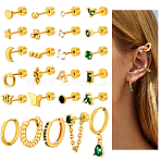 25Pcs Stainless Steel Pave Green and Clear Cubic Zirconia Cartilage Earring Sets, Mixed Shapes, Golden, 3~7.5x3~8.5mm(EJEW-PH0001-53)