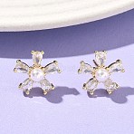 Flower Brass Cubic Zirconia Stud Earrings, with ABS Plastic Pearl, Cadmium Free & Lead Free, Long-Lasting Plated, Rack Plating, Real 18K Gold Plated, Clear, 13.5x14mm(EJEW-P336-06G-02)