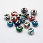 Handmade Lampwork Large Hole Rondelle European Beads, with Double Silver Color Plated Brass Cores, Mixed Color, 13~14x9~10mm, Hole: 4.5~5mm(LPDL-L003-08)