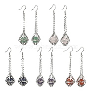 Natural Gemstone Dangle Earrings, Brass Macrame Pouch Long Drop Earrings, Stainless Steel Color, 66x17mm(EJEW-JE05554-02)
