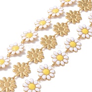 304 Stainless Steel Daisy Flower Link Chains with Enamel, Unwelded, Golden, White, 14x10x1mm(AJEW-J035-03G-09)