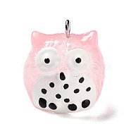 Translucent Resin Pendants, Owl Charms with Platinum Plated Iron Loops, Pink, 21x20x19.5mm, Hole: 2mm(RESI-R445-01C)