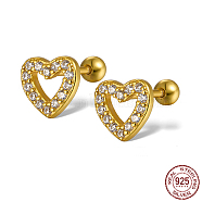 925 Sterling Silver Rhinestone Stud Earrings, Heart, Real 18K Gold Plated, 7.4x7mm(AD7648-2)